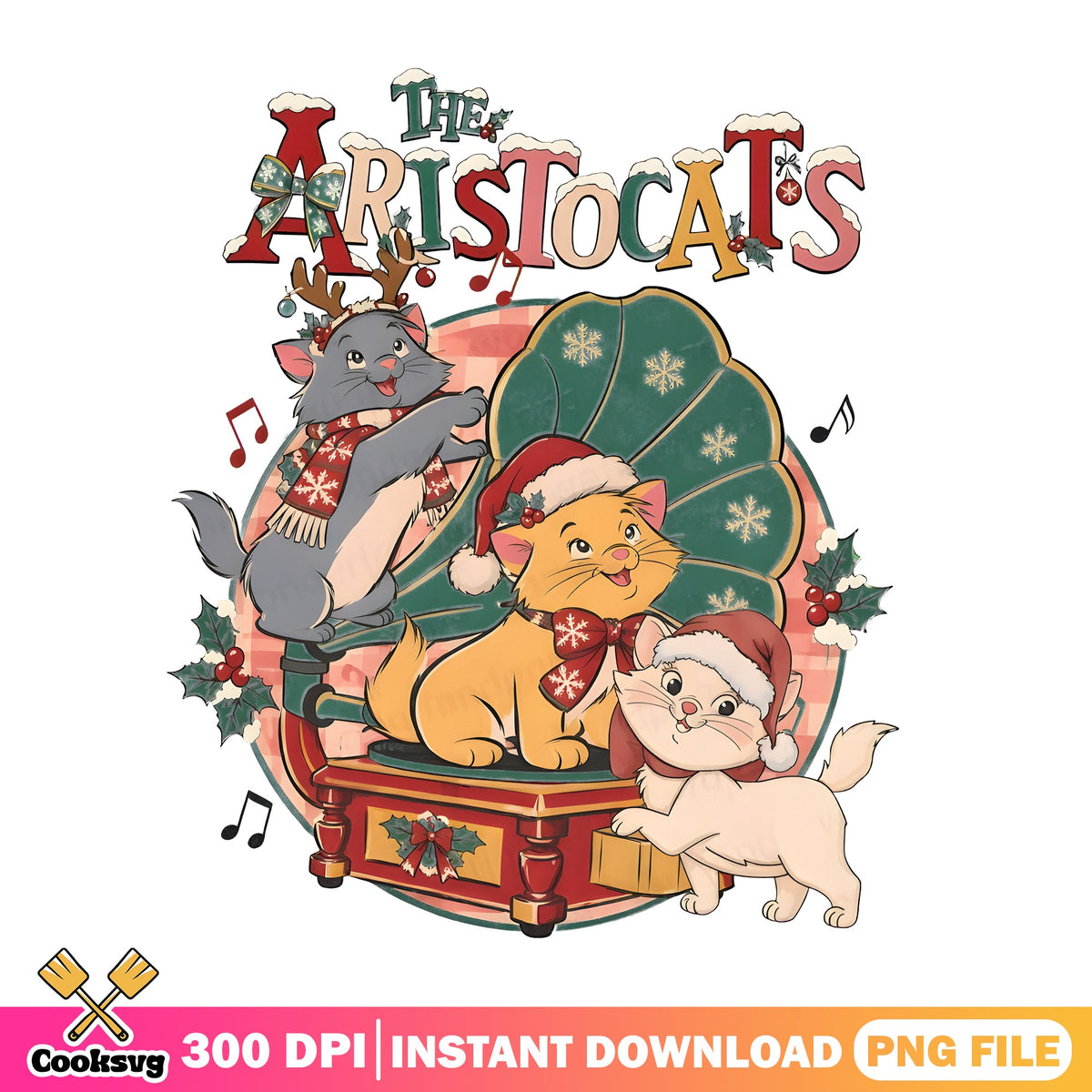 Aristocats Christmas Music PNG, Gramophone Cats PNG, Marie Cat PNG