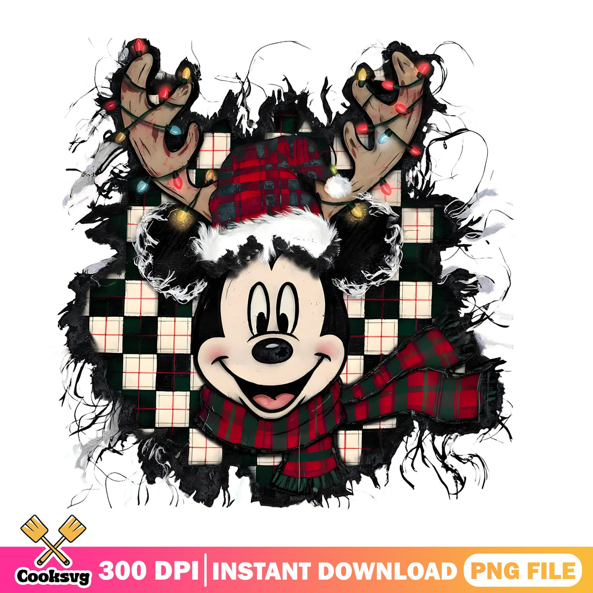 Reindeer Mickey Plaid PNG, Checkered Christmas PNG, Antler Lights PNG