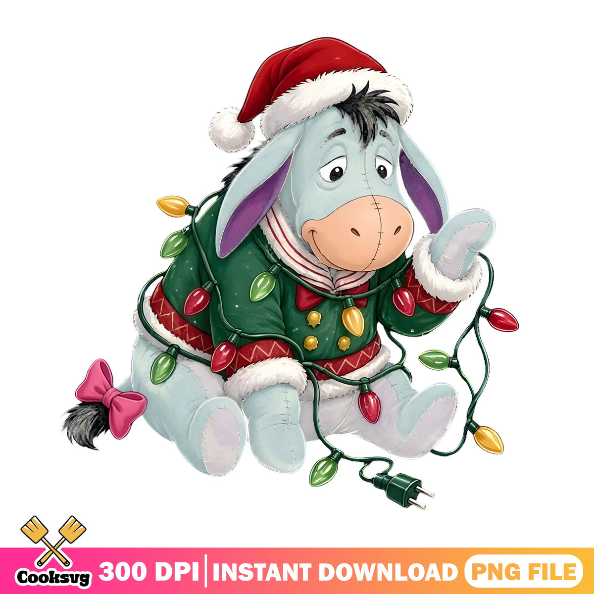 Eeyore Santa Christmas Lights PNG, Santa Hat Bow PNG, Pooh Friends PNG