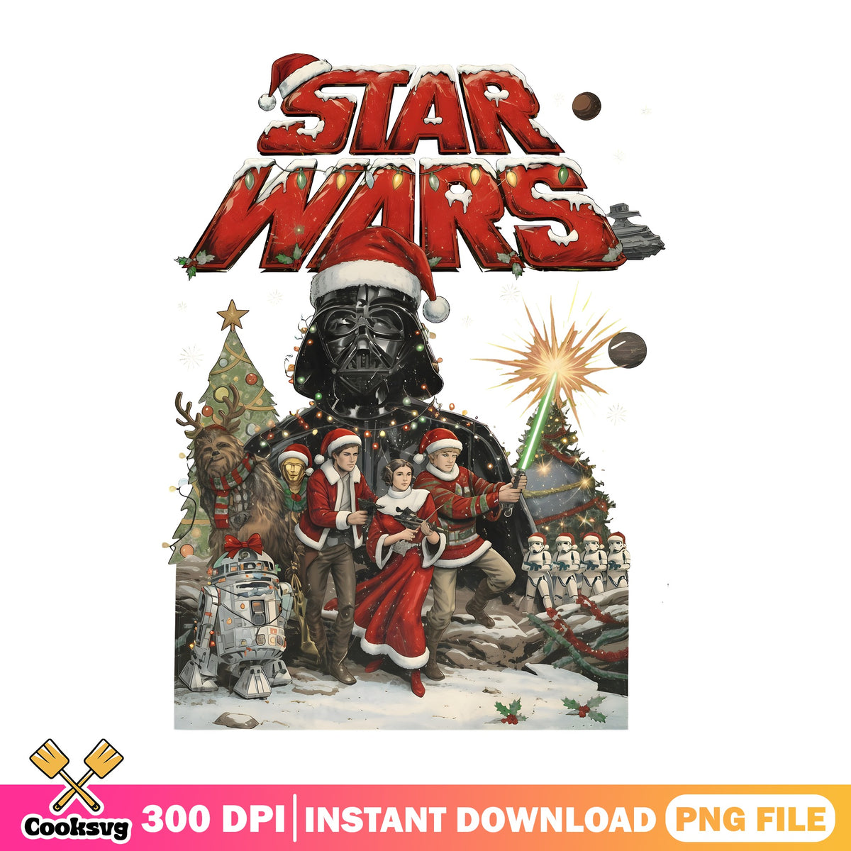 Star Wars Christmas Poster PNG, Vader Santa Hat PNG, Luke Leia Han PNG