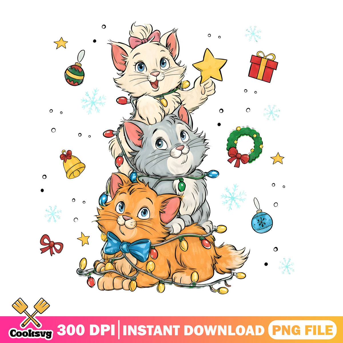 Aristocats Tangled Lights PNG, Marie Holding Star PNG, Xmas Cats PNG