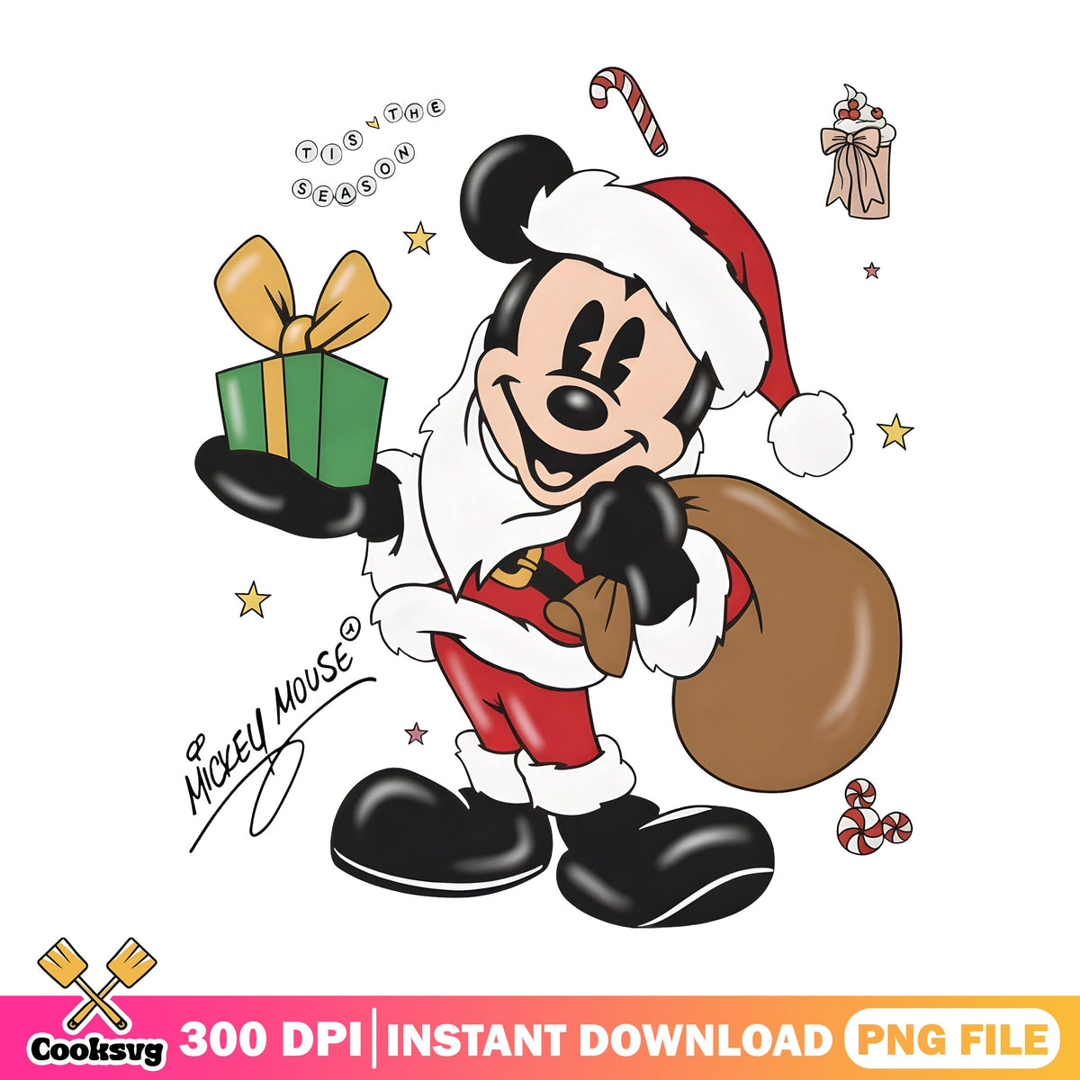 Santa Mickey Toy Sack PNG, Tis The Season Mickey PNG, Retro Xmas PNG