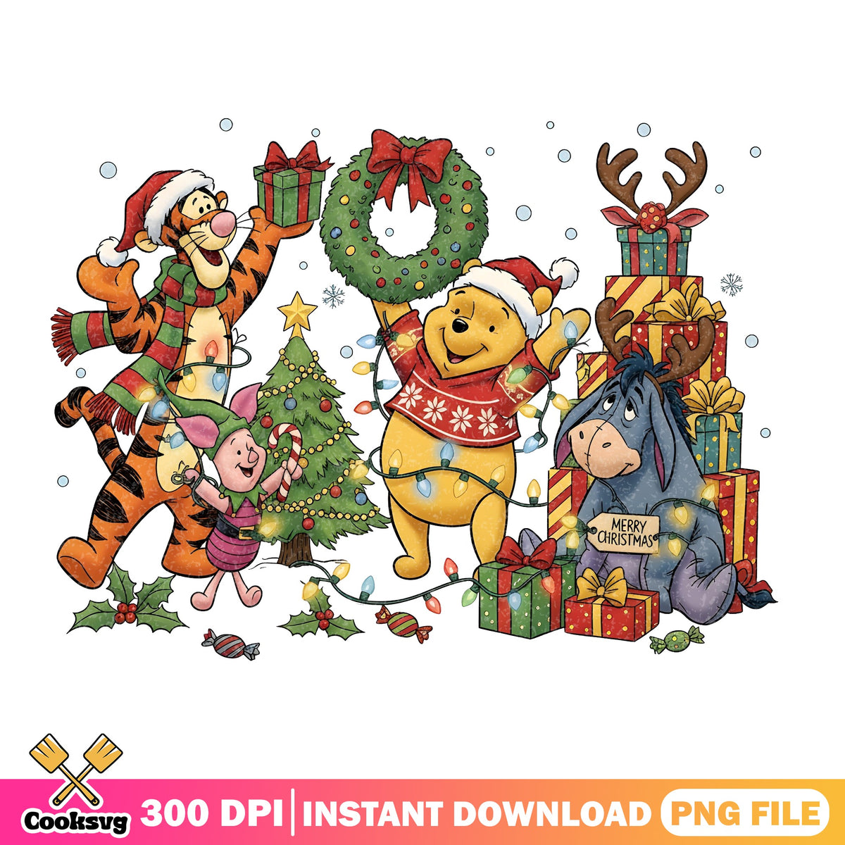 Pooh Tigger Christmas Tree PNG, Eeyore Piglet PNG, Gifts Lights PNG