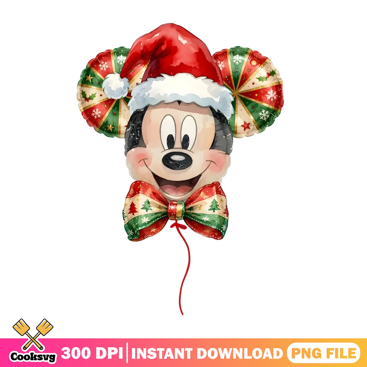 Santa Mickey Balloon PNG, Christmas Mickey Ears PNG, Plaid Bow Tie PNG