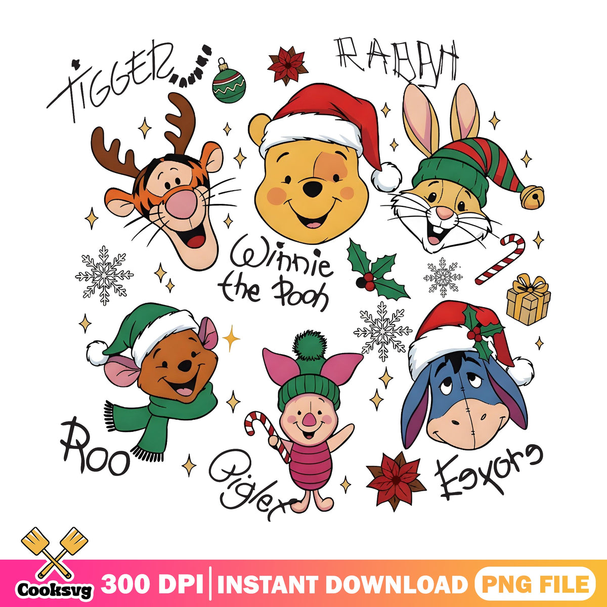 Pooh Christmas Friends PNG, Tigger Eeyore PNG, Santa Hats PNG