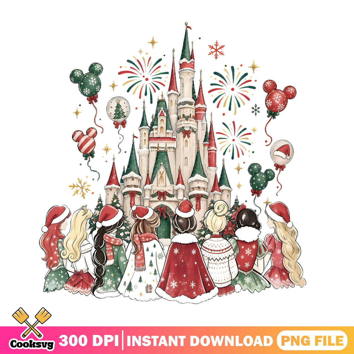 Princesses Christmas Castle PNG, Princess Back View PNG, Fireworks PNG