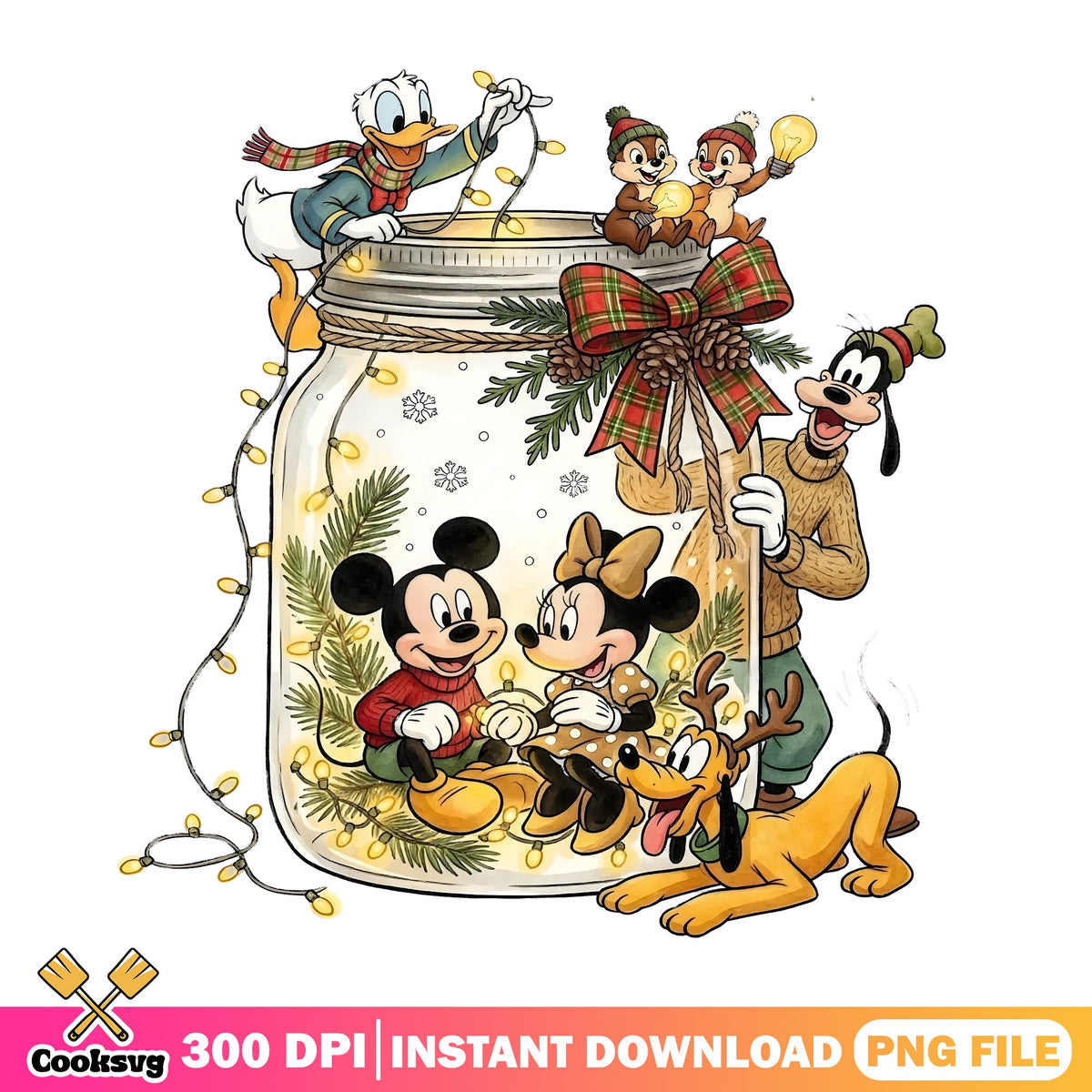 Mickey Minnie Christmas Mason Jar PNG, Fairy Lights PNG, Pluto PNG