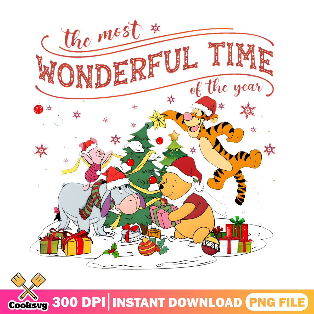 Pooh Wonderful Time PNG, Tigger Eeyore Piglet PNG, Christmas Tree PNG