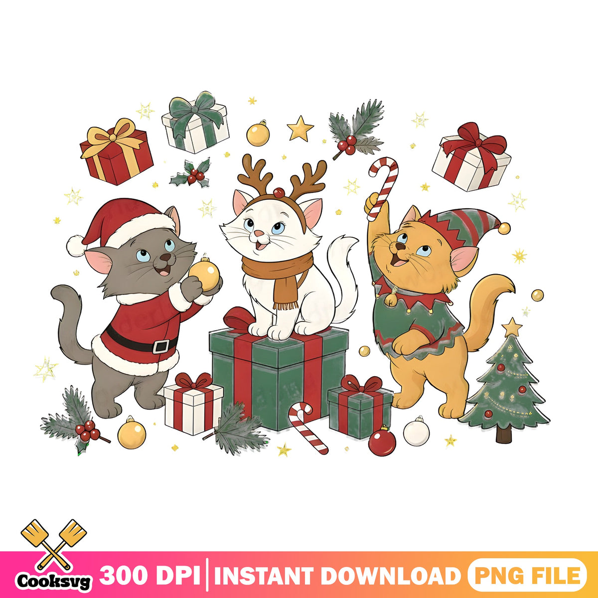 Aristocats Santa Elf Kittens PNG, Marie Antlers PNG, Cat Elf PNG