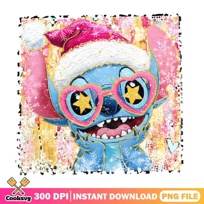 Stitch Pink Santa Hat PNG, Star Glasses PNG, Lilo Stitch Xmas PNG