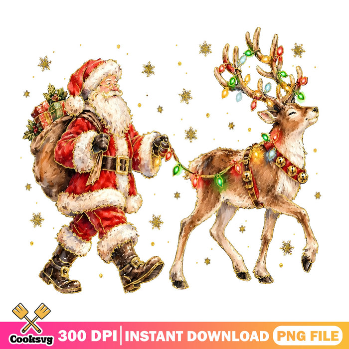 Santa And Reindeer Lights PNG, Vintage Christmas PNG, Watercolor PNG