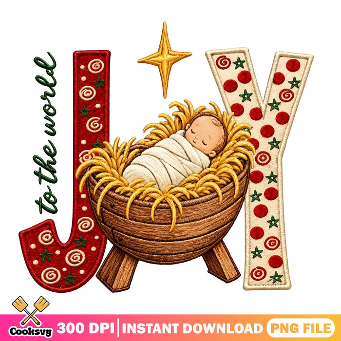 Joy To The World Nativity PNG, Embroidered Christmas PNG, Manger PNG