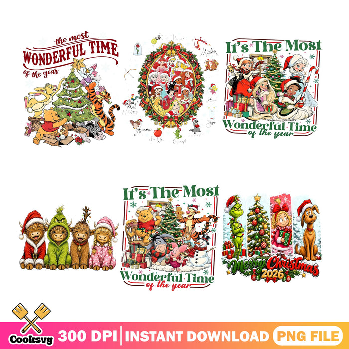 Pooh Wonderful Princess PNG Bundle, Grinch Cow PNG, Princess Xmas PNG