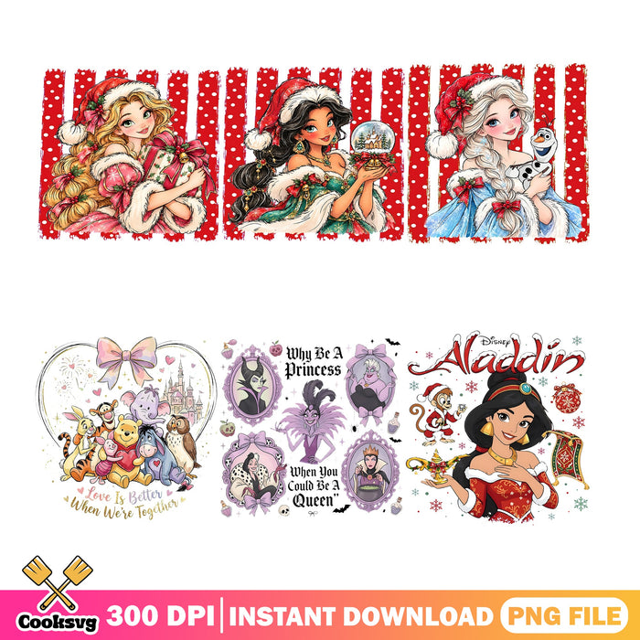 Princess Santa Hat PNG Bundle, Pooh Heart PNG, Aladdin Jasmine PNG