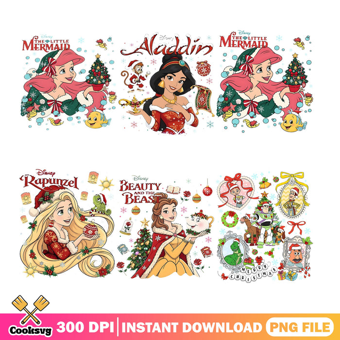 Disney Princess Xmas PNG Bundle, Little Mermaid PNG, Rapunzel PNG