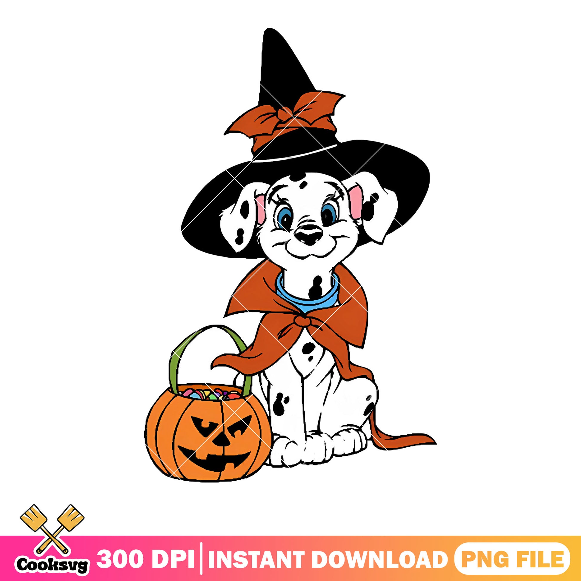 101 dalmatian scary pumpkin png, witch hat png, cute halloween png