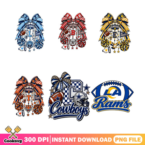 Coquette Bow Football PNG Bundle, Dallas Cowboys PNG, LA Rams PNG