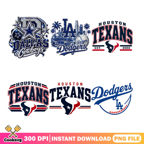 Dallas Cowboys Bling PNG Bundle, Houston Texans PNG, LA Dodgers PNG