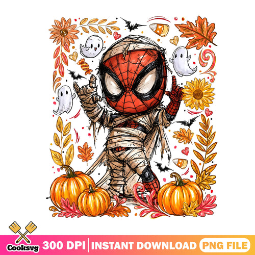 Baby Spidey Mummy PNG, Fall Pumpkin PNG, Halloween Spider-Man PNG