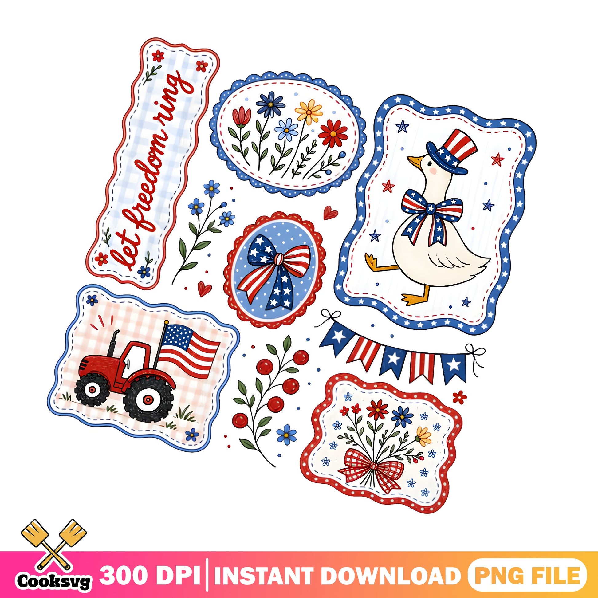 4th Of July Clipart Bundle PNG, Patriotic Duck Tractor PNG, America PNG