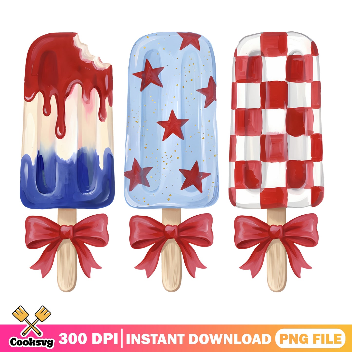 4th Of July Popsicle PNG, Patriotic Ice Cream Bow PNG, Summer PNG