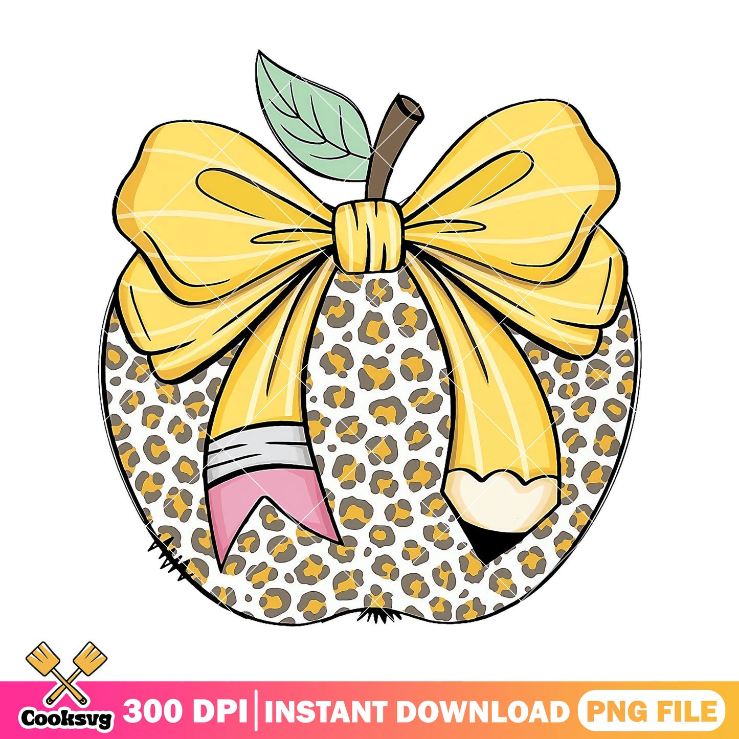 A big apple design png, back to school art png, yellow bow png