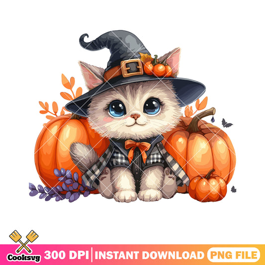 Adorable baby cat png, witches hat png, halloween night png