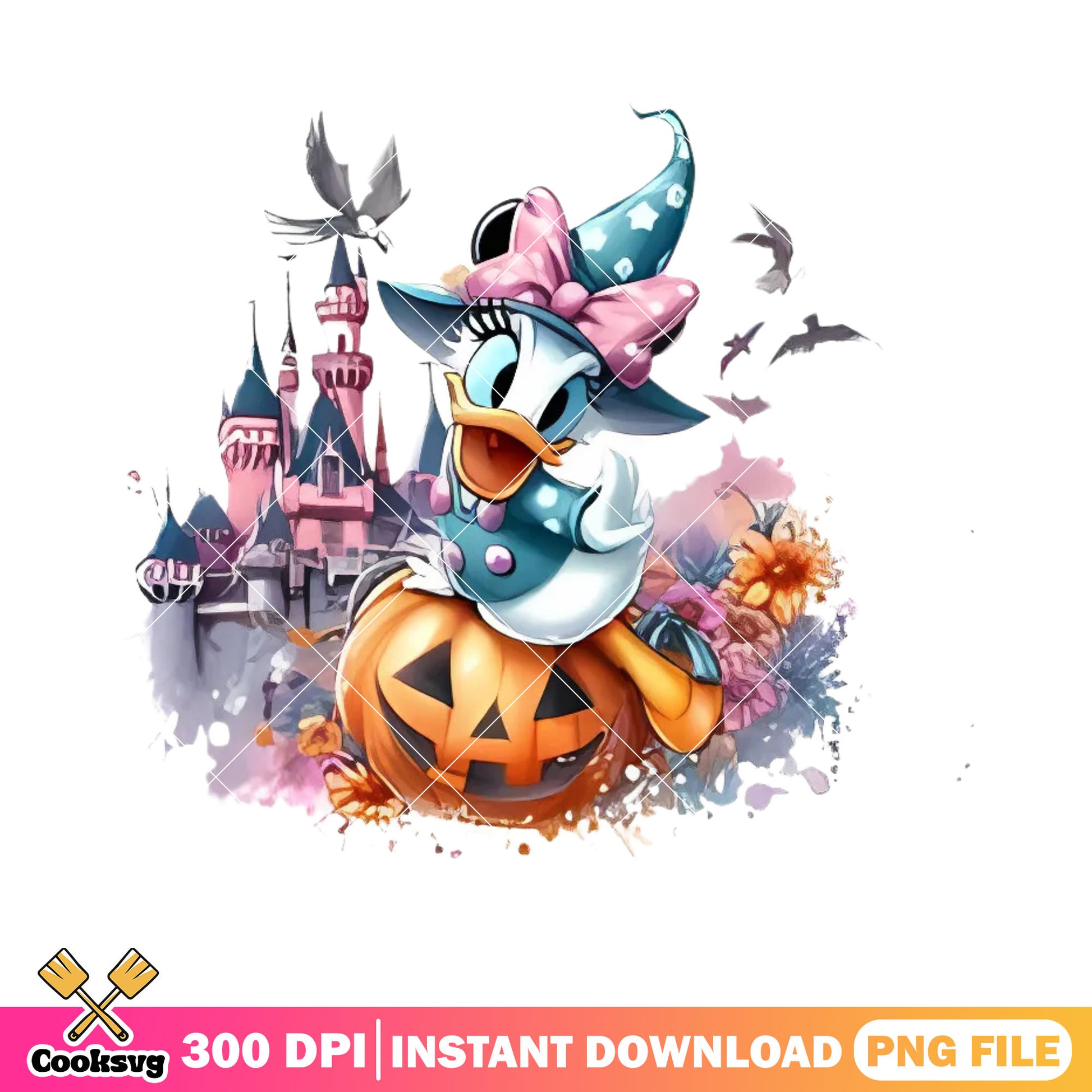 Adorable daisy duck art png, fancy castle ​png, jack o lantern png