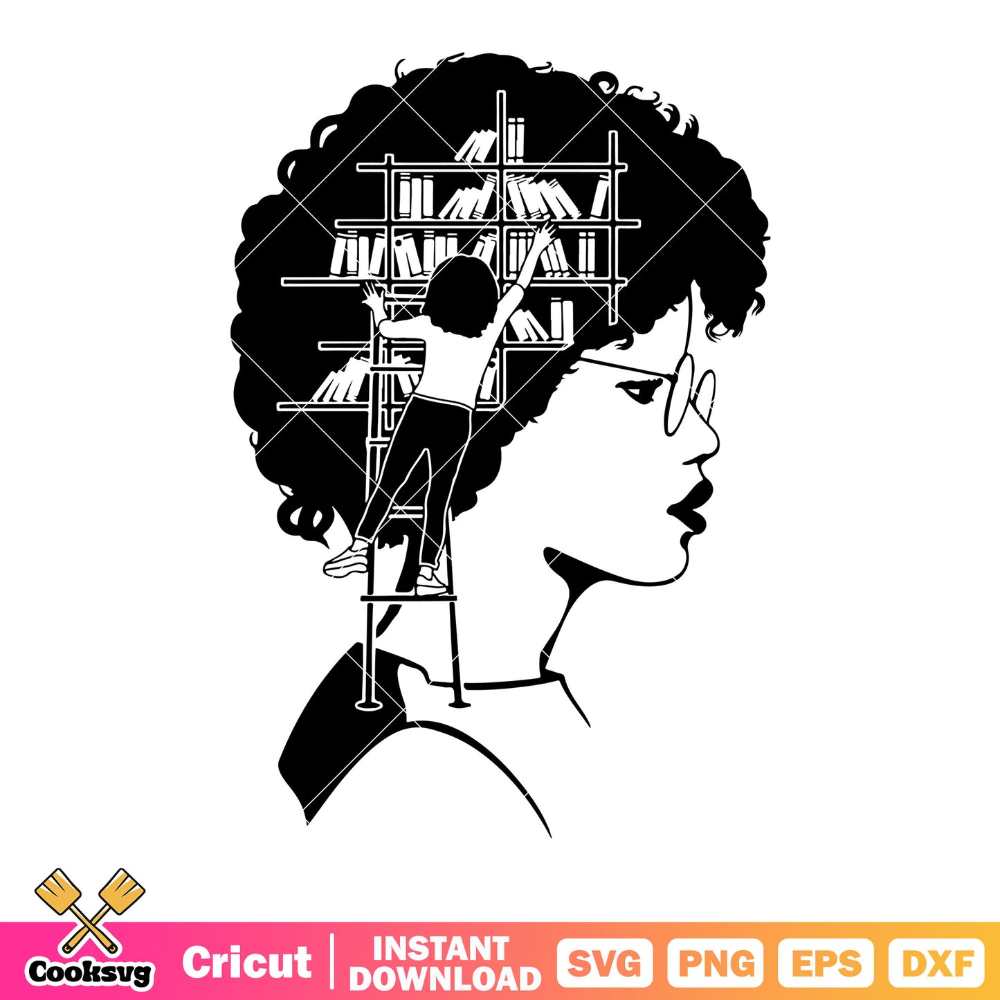 A girl is reaching out to get a book svg, fluffy hair svg, circle glasses​ svg