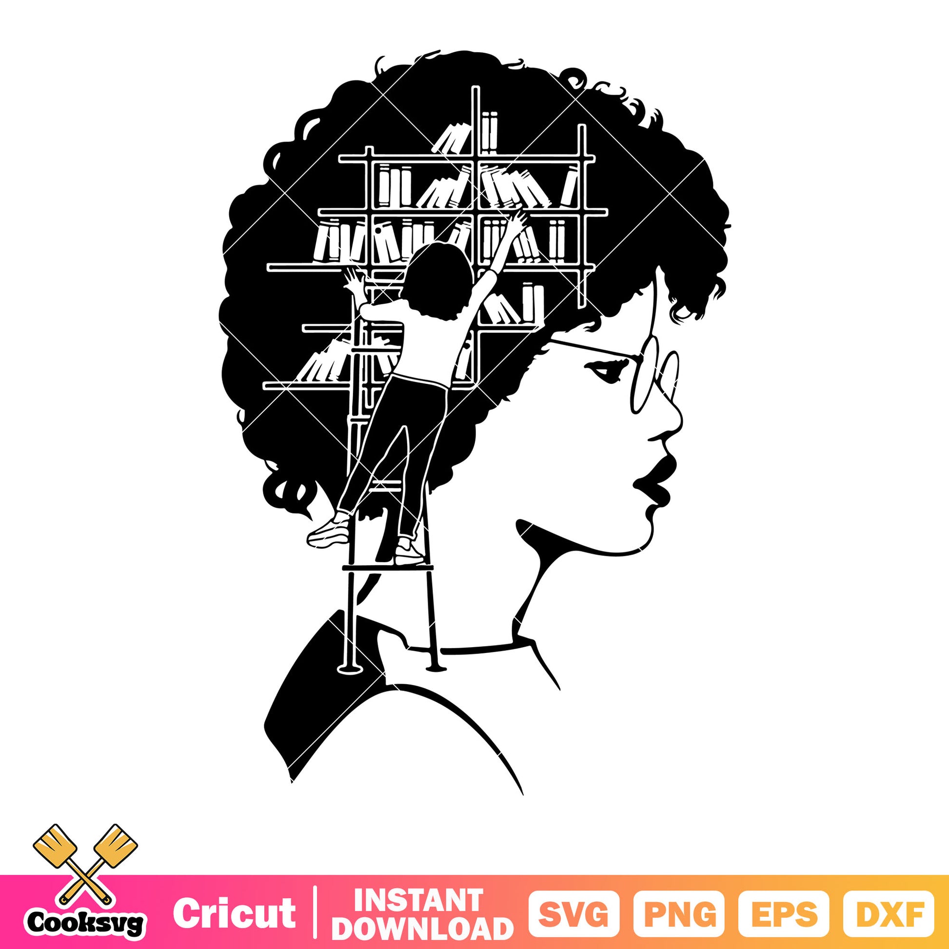 A girl is reaching out to get a book svg, fluffy hair svg, circle glasses​ svg