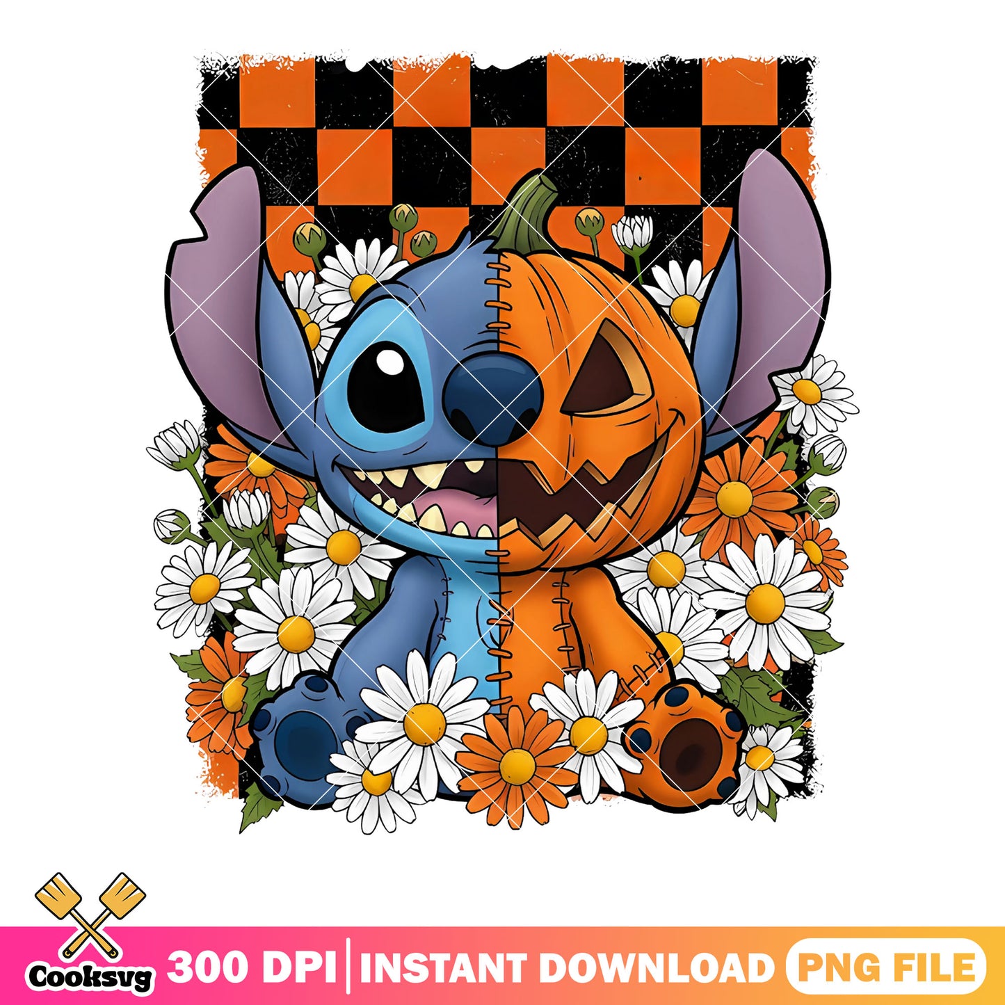 A half pumpkin stitch png, halloween scary night png, daisy flower png 