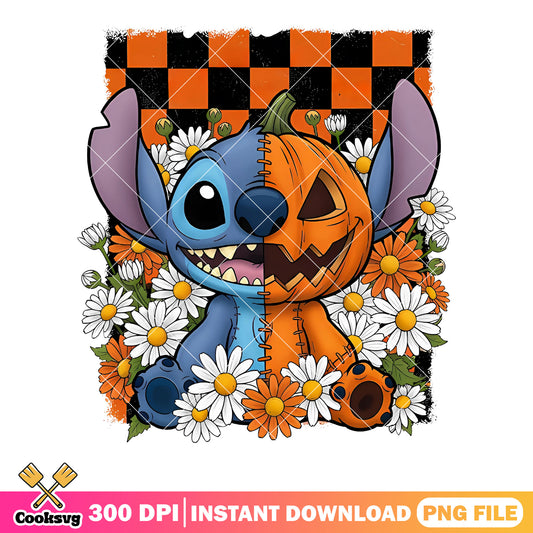 A half pumpkin stitch png, halloween scary night png, daisy flower png 