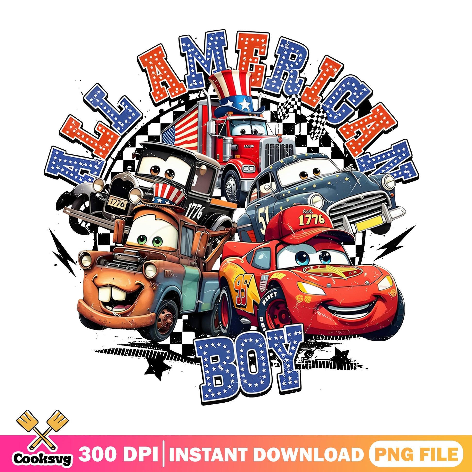 All American Boy Disney Cars PNG, Lightning McQueen PNG, 4th Of July PNG
