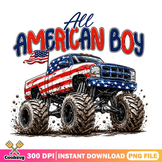 All American Boy Monster Truck PNG, 4th Of July PNG, Boy PNG