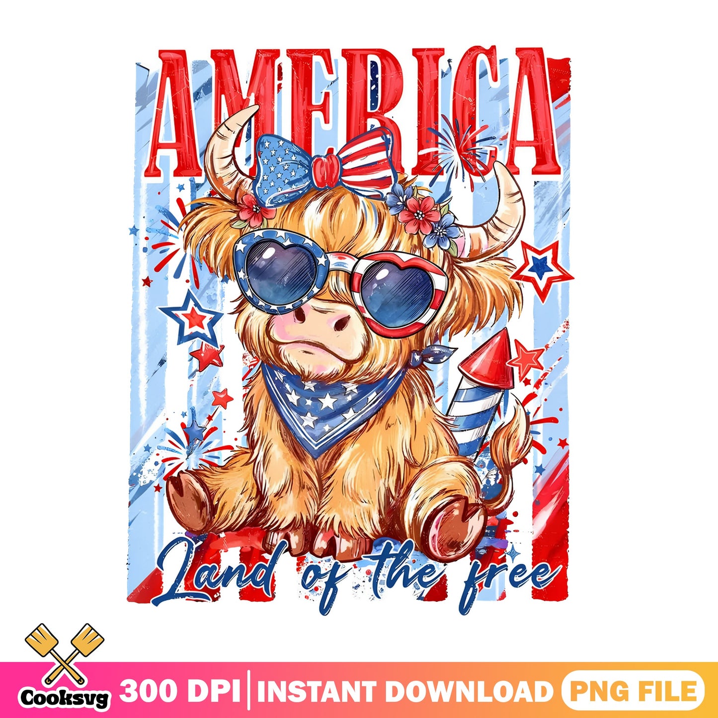 America Highland Cow PNG, 4th Of July PNG, Land Of The Free PNG