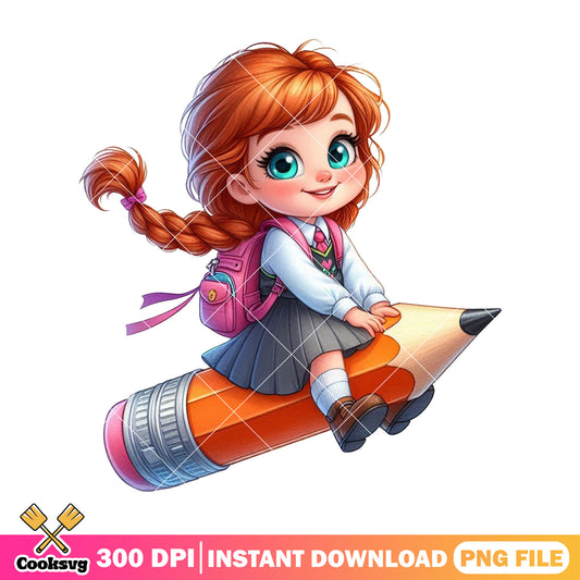 Anna riding big pencil png, back to school png, disney world png