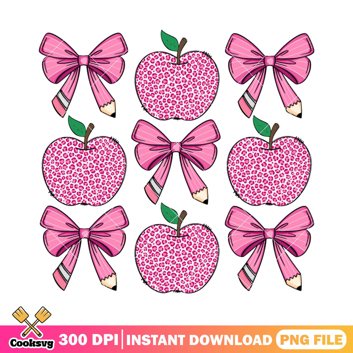 Apples and bows design png, back to school png, pink bow png