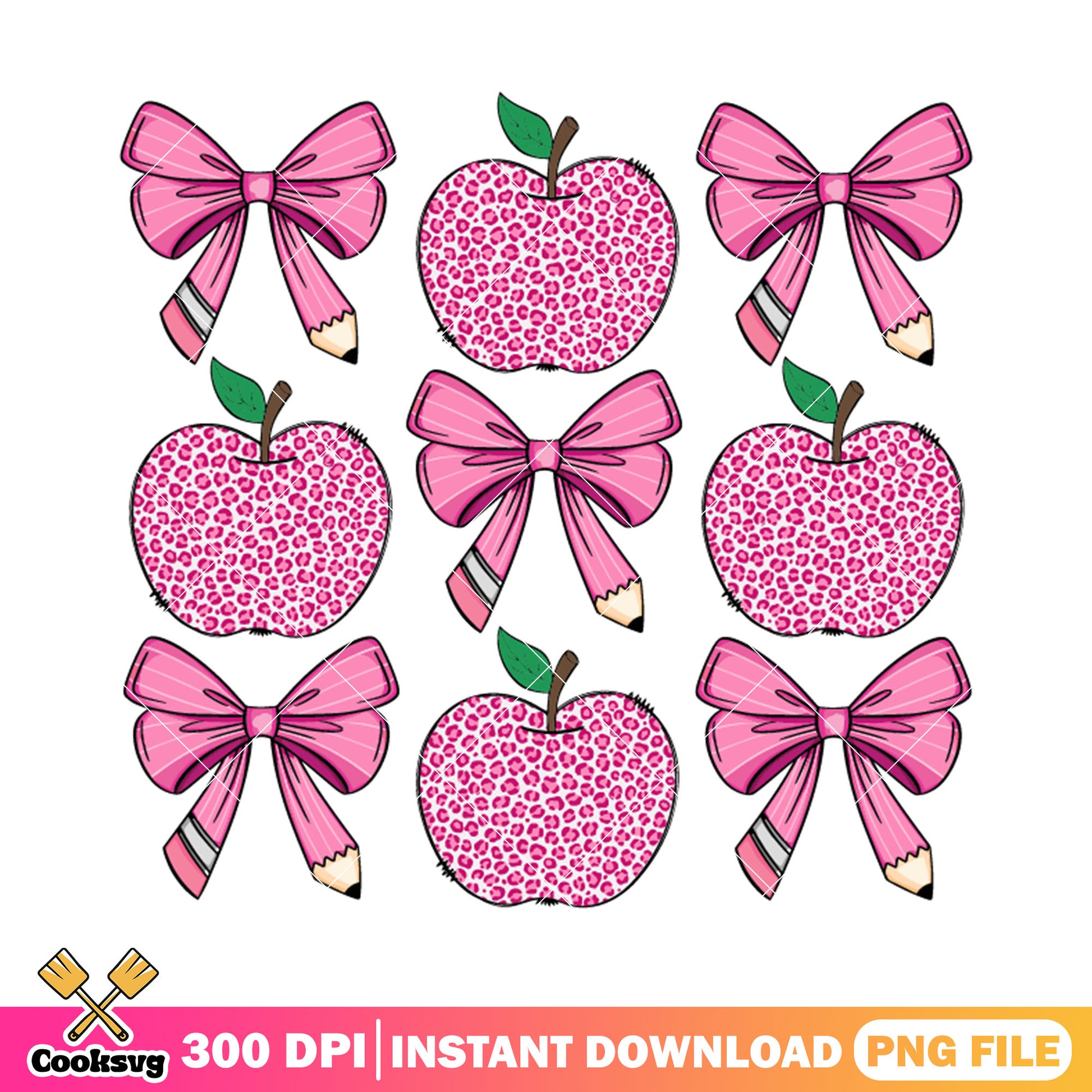 Apples and bows design png, back to school png, pink bow png