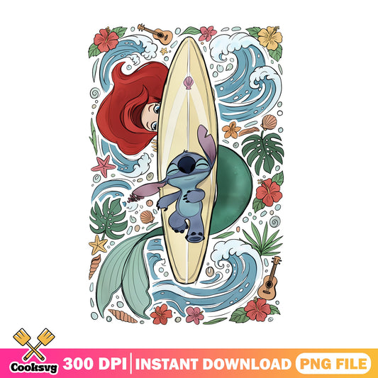 Ariel And Stitch Surfing Summer PNG, Disney Mermaid PNG, Beach PNG