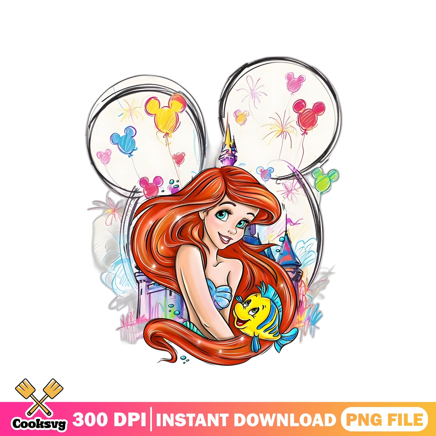 Ariel Little Mermaid Disney Castle PNG, Disney Princess PNG, Mickey Ears PNG