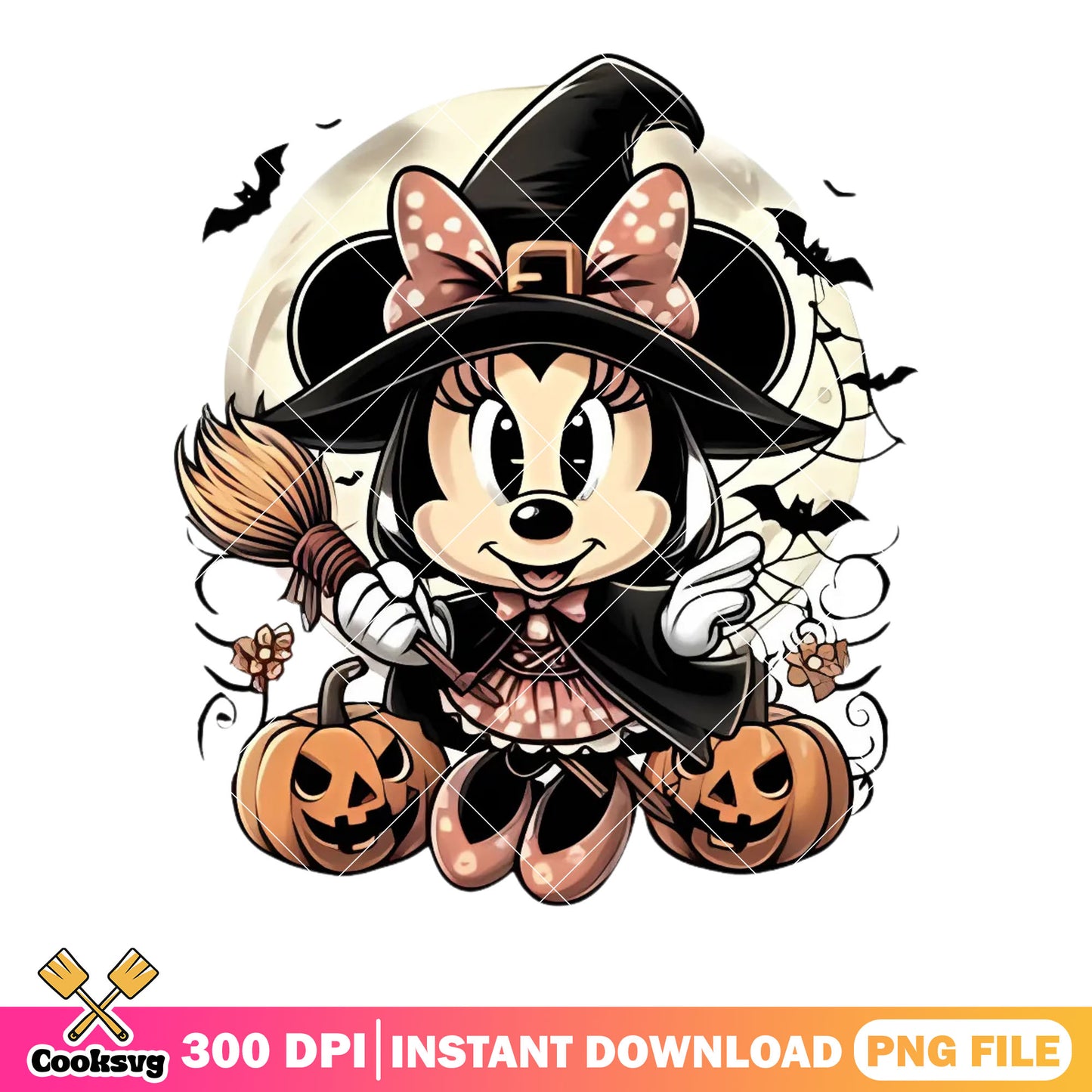 Art cute minnie halloween png, wicker pumpkin png, witch costume​ png