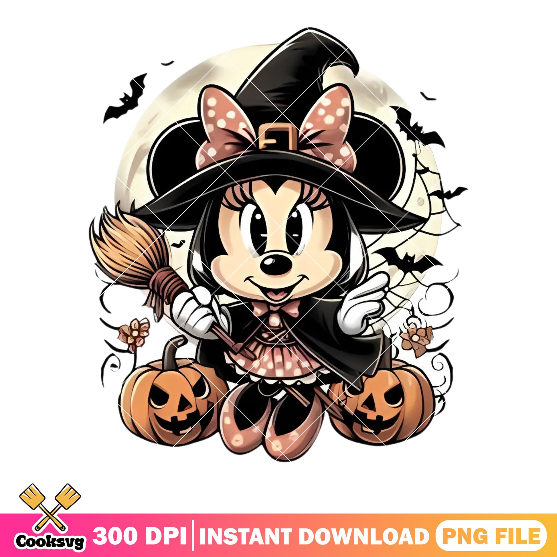 Art cute minnie halloween png, wicker pumpkin png, witch costume​ png