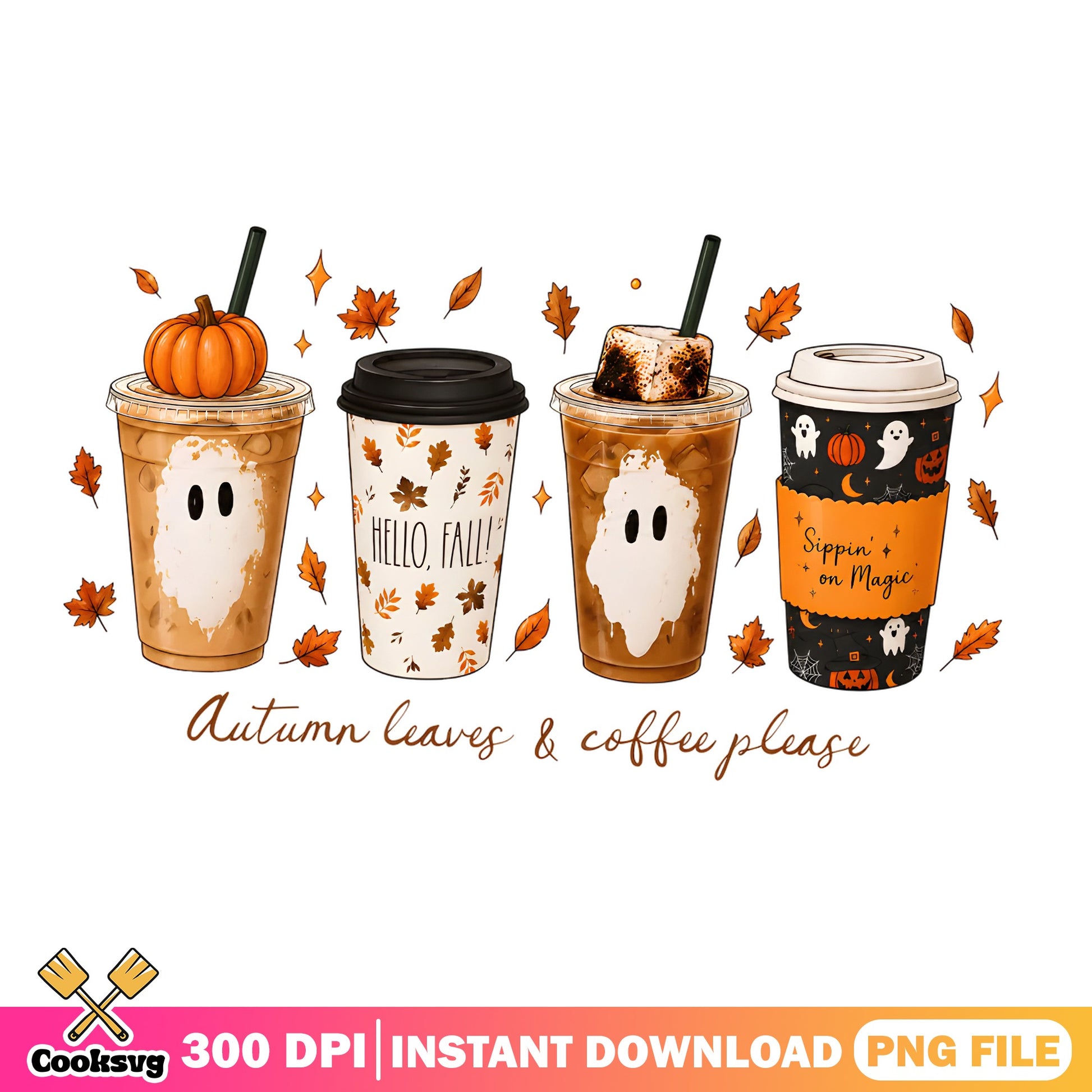 Autumn Leaves And Coffee Please PNG, Fall Ghost Coffee PNG, Halloween PNG