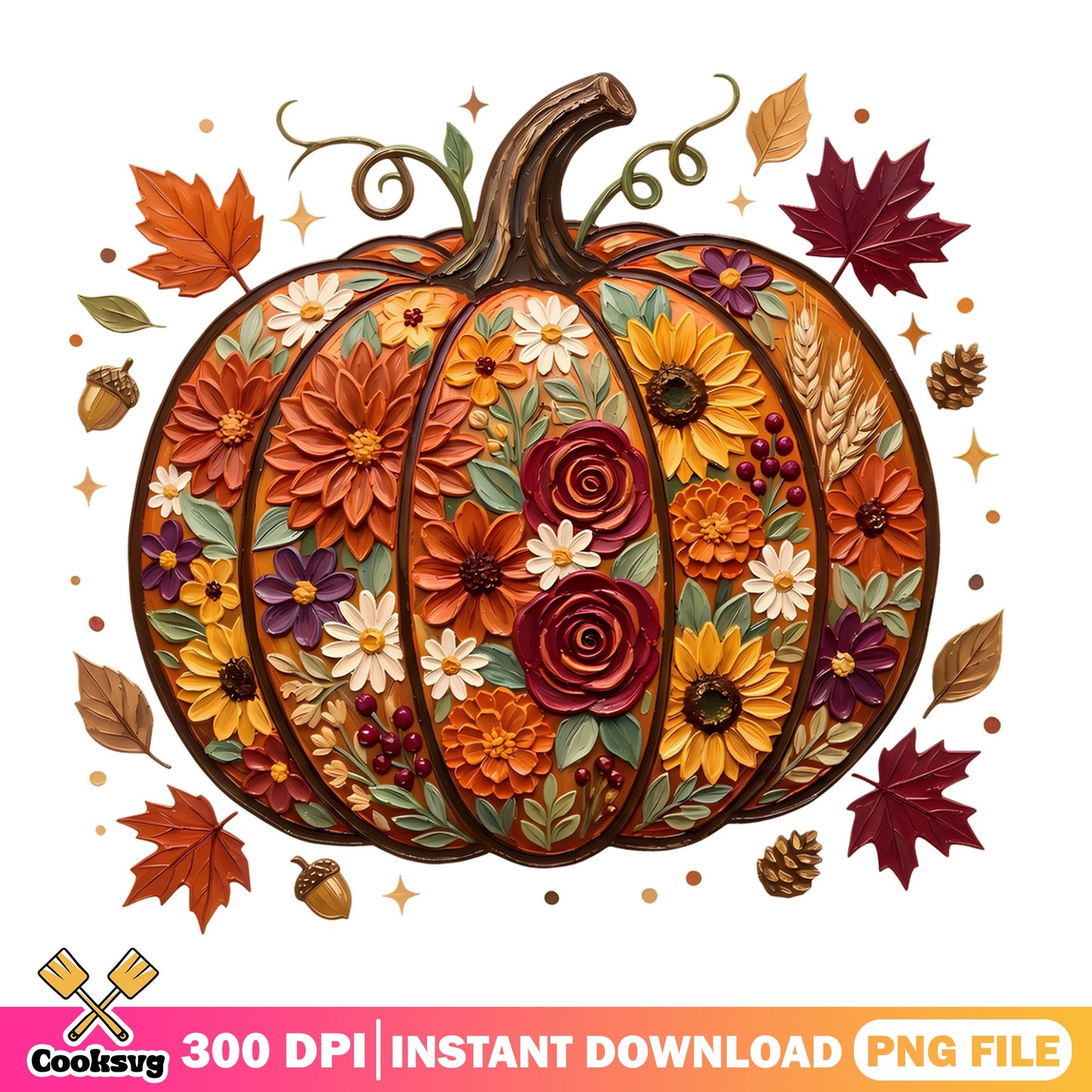 Autumn Pumpkin Floral PNG, Thanksgiving Fall Leaves PNG, Boho Clipart PNG