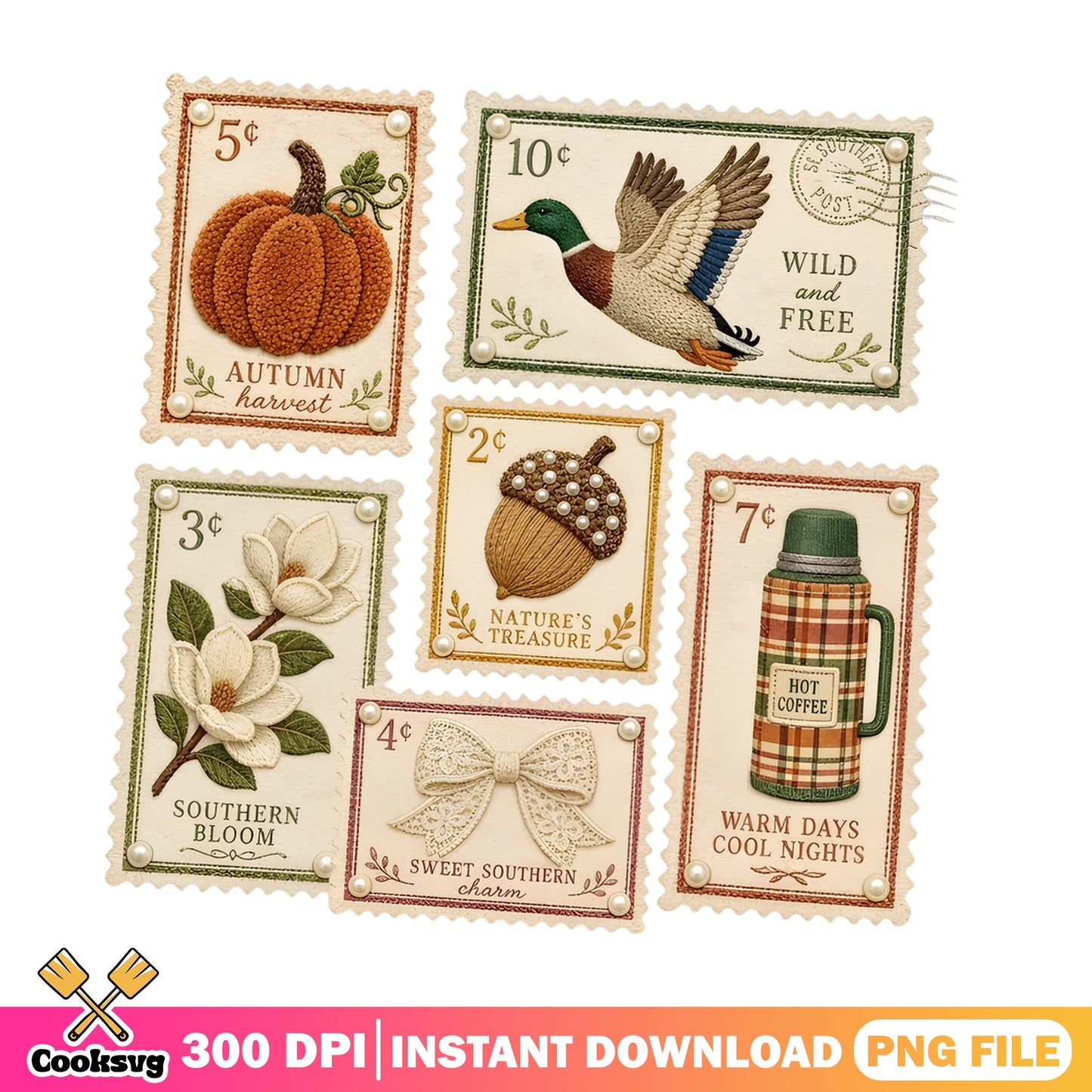 Autumn Vintage Stamp Bundle PNG, Fall Harvest PNG, Southern Charm PNG