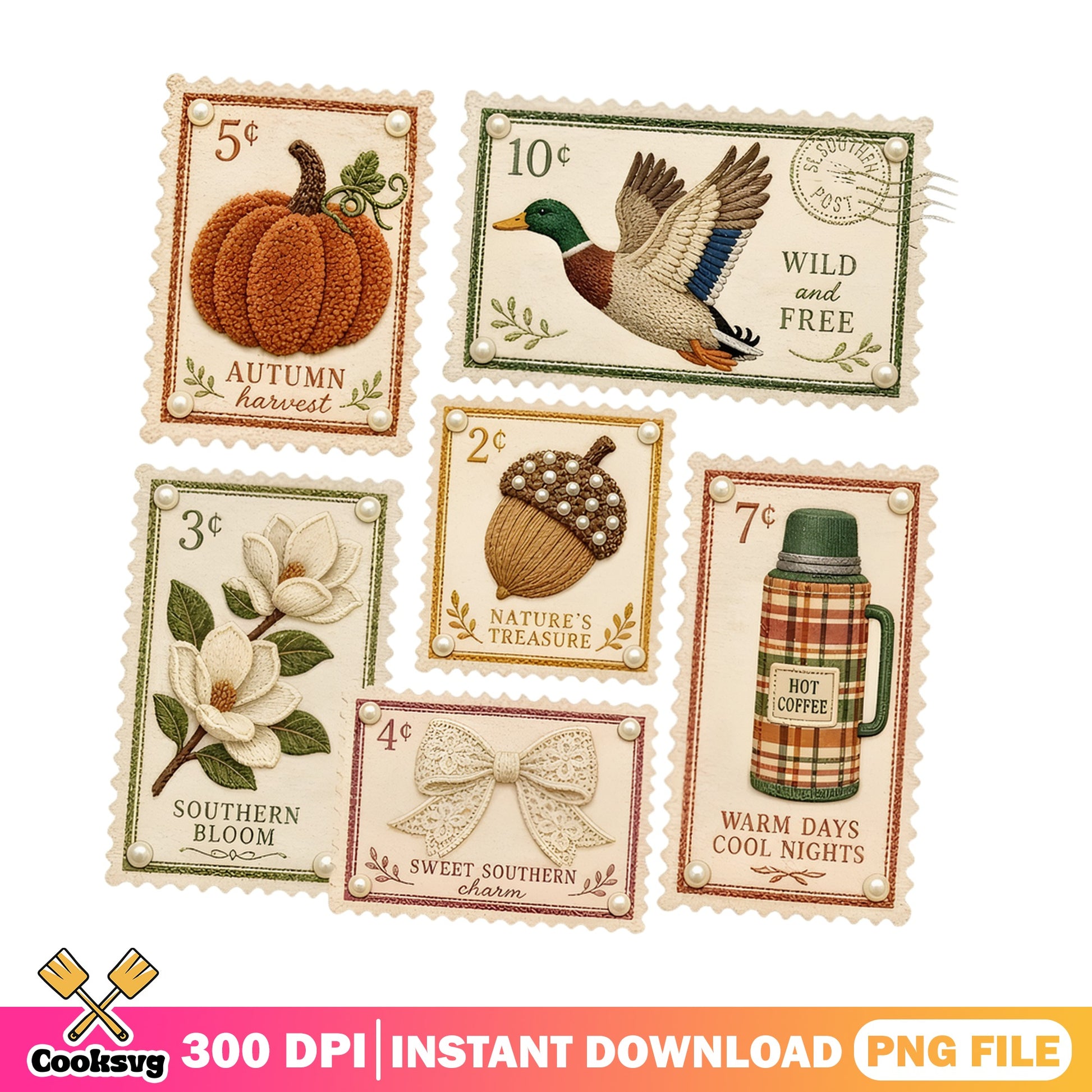 Autumn Vintage Stamp Bundle PNG, Fall Harvest PNG, Southern Charm PNG
