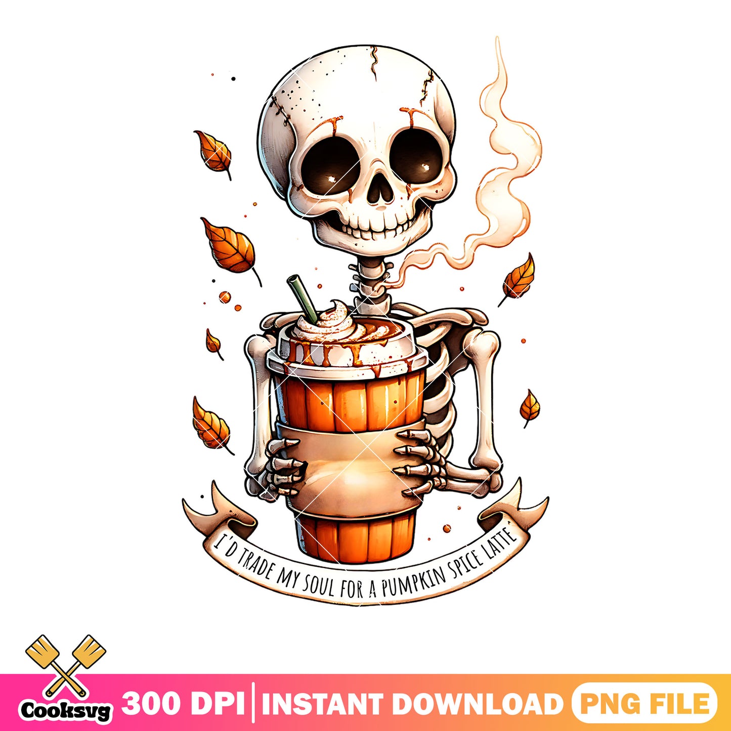 Autumn leave hot latte png, ​skeleton costume png, halloween scary png