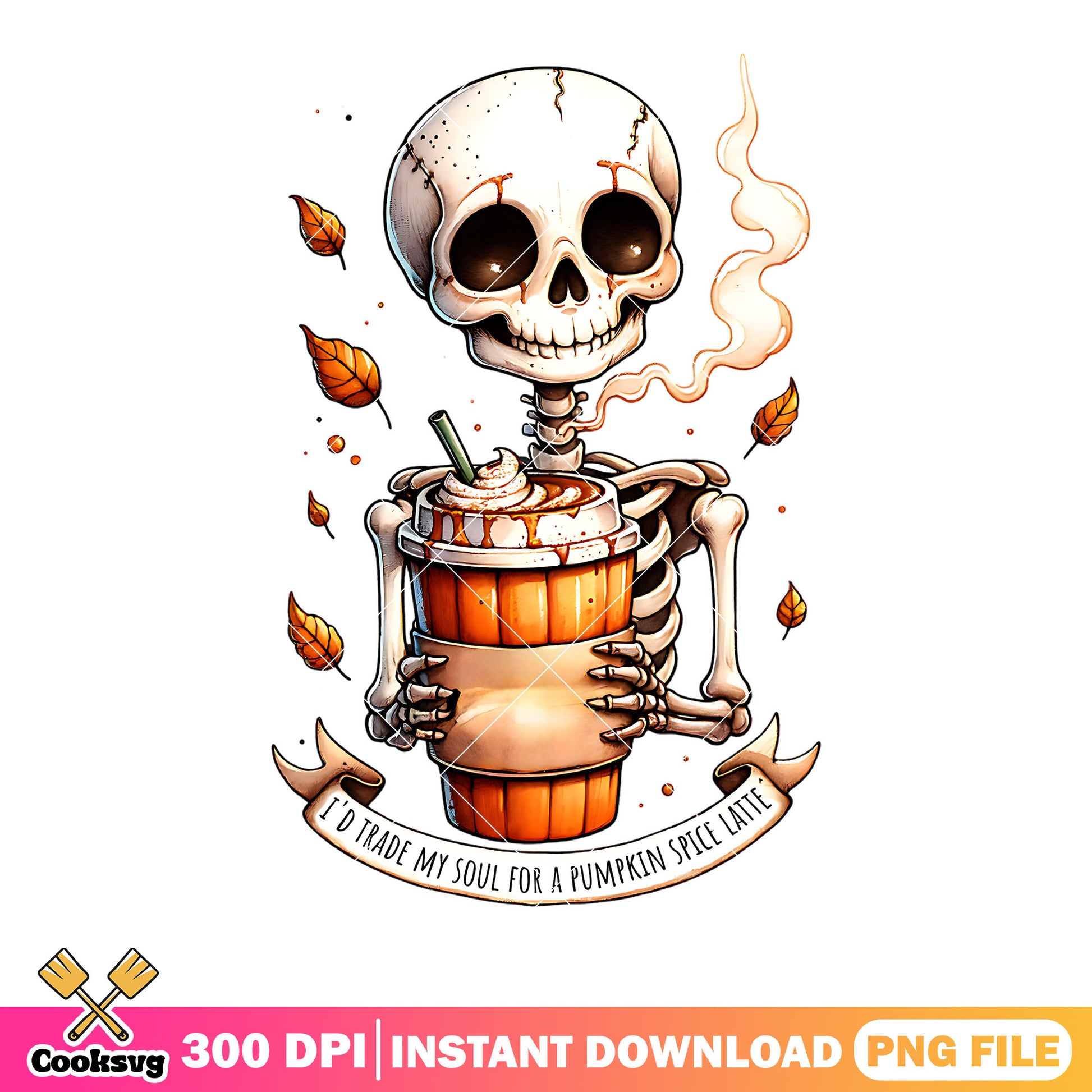 Autumn leave hot latte png, ​skeleton costume png, halloween scary png
