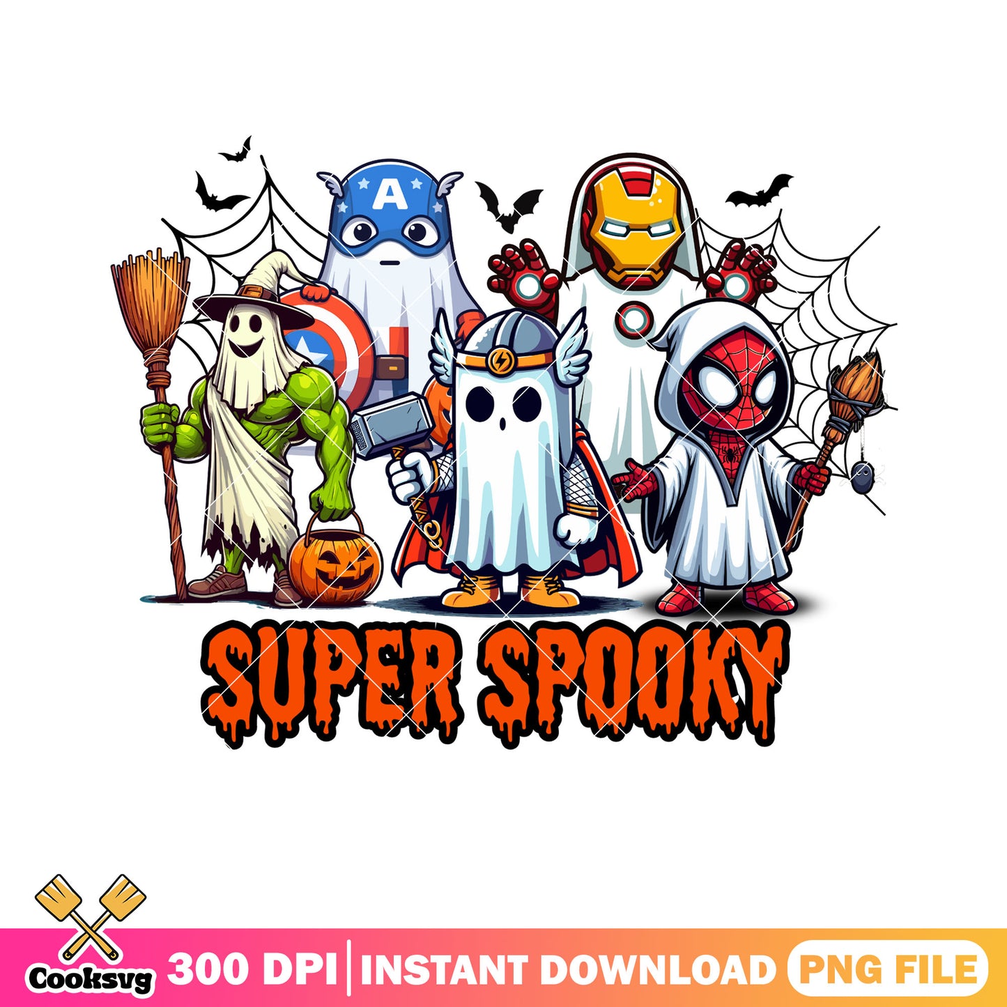 Avengers spooky png, ghost costume png, marvel halloween png