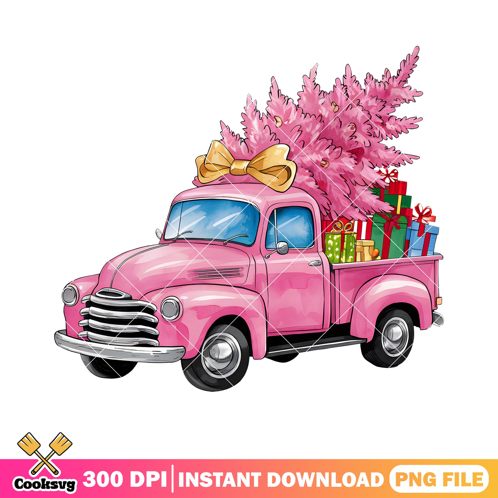 A vintage christmas pink car png, christmas gifts png, merry xmas png